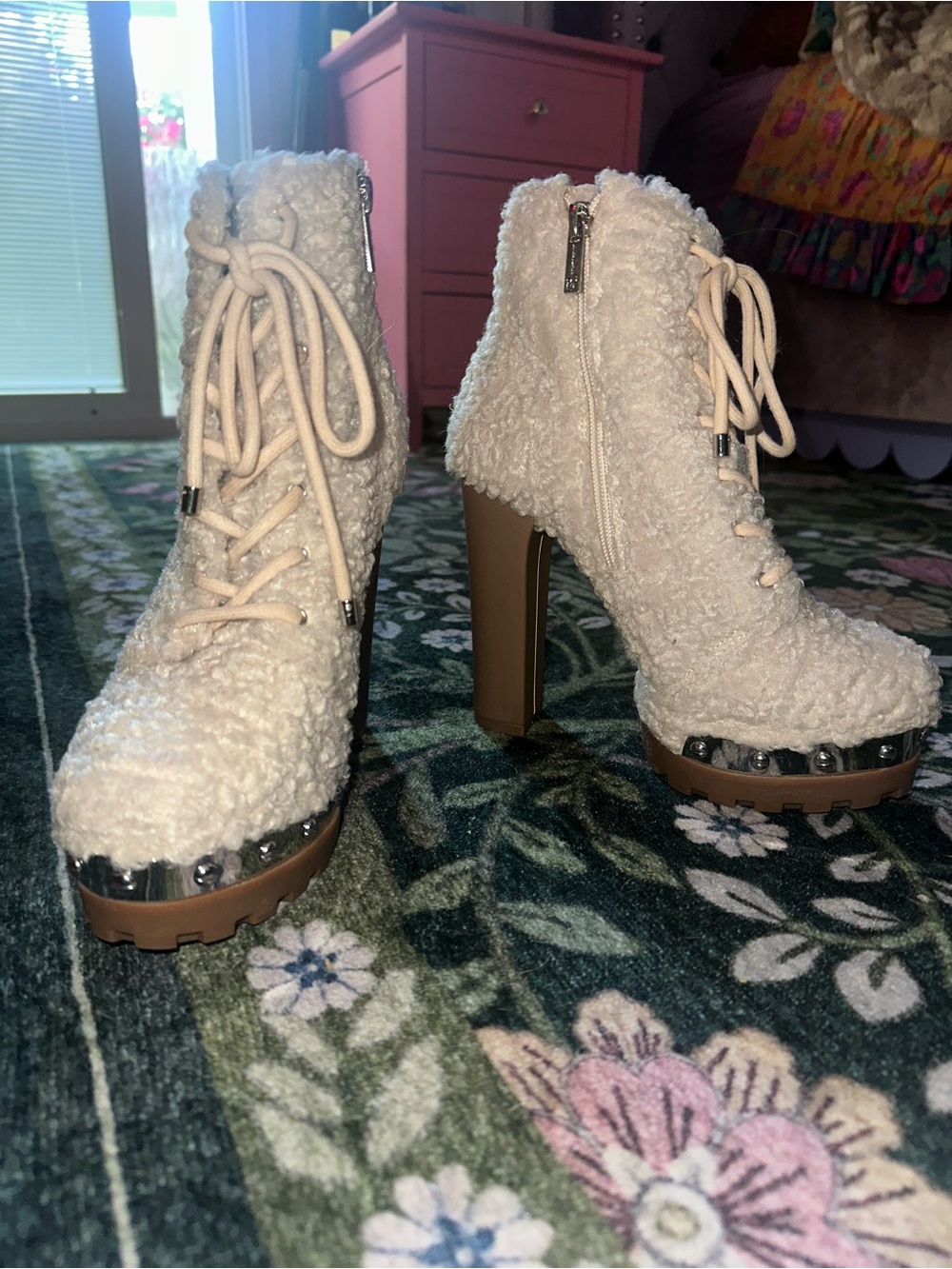 Jessica Simpson Cream Sherpa Lace-Up Platform Ankle Boots with Block Heel - Picture 2 of 10